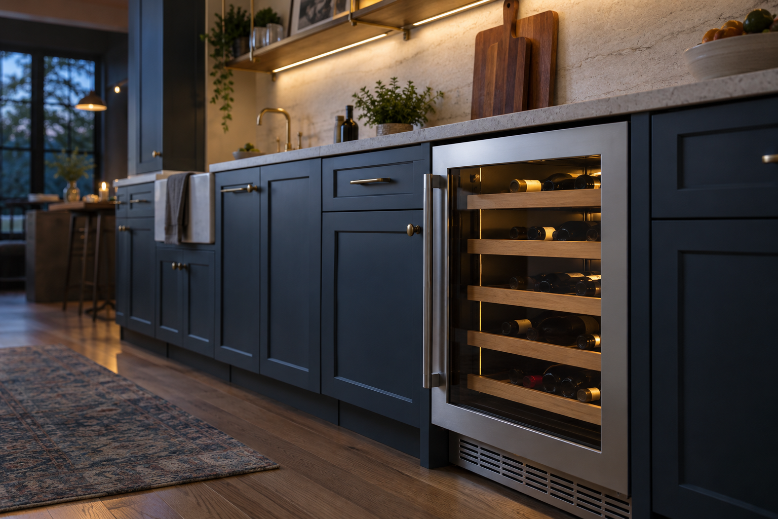 Illustrative Monogram wine cooler in a residential kitchen — AI image for Sub-Zero Repair New Castle