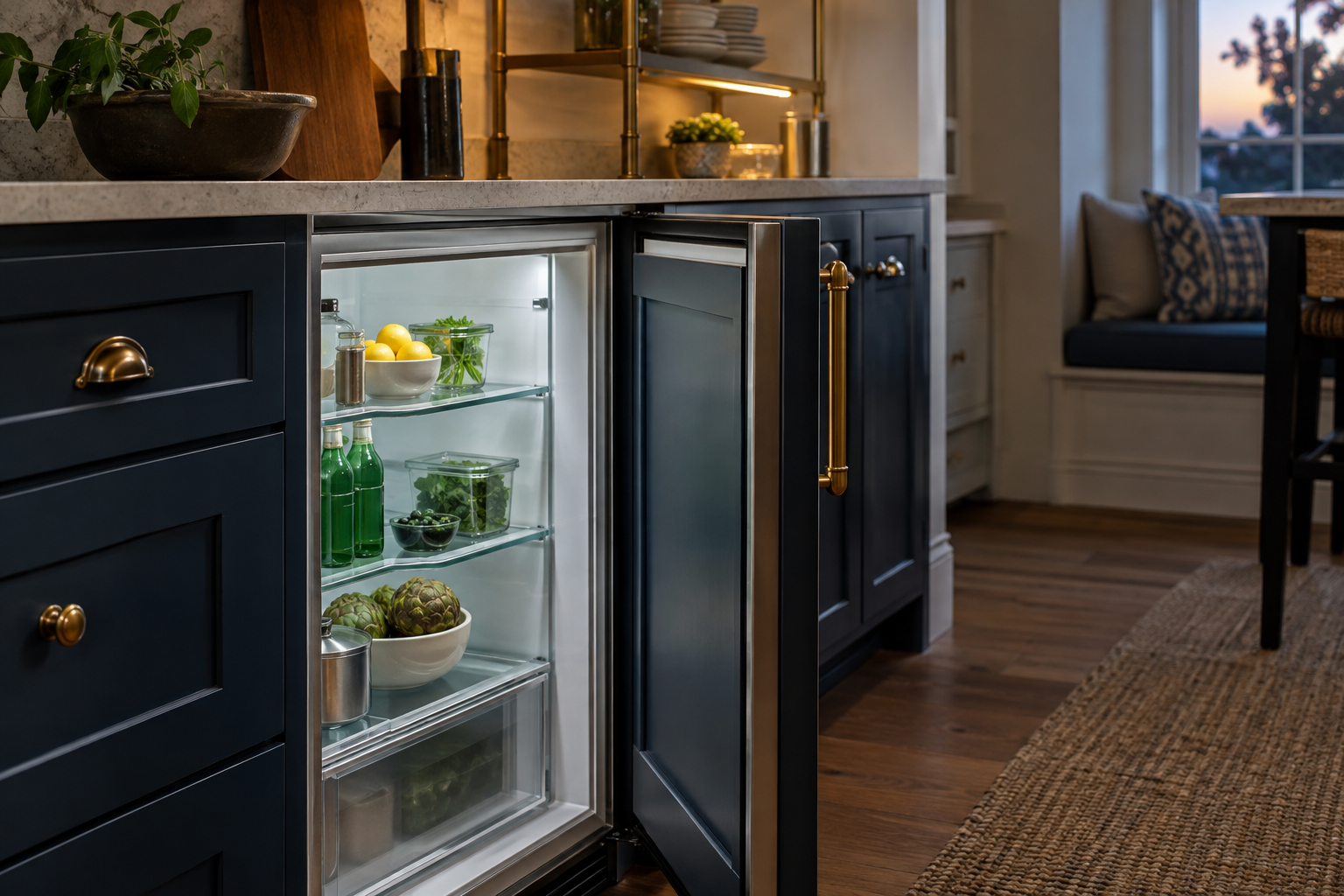 Illustrative Sub-Zero undercounter refrigerator in a residential kitchen — AI image for Sub-Zero Repair New Castle