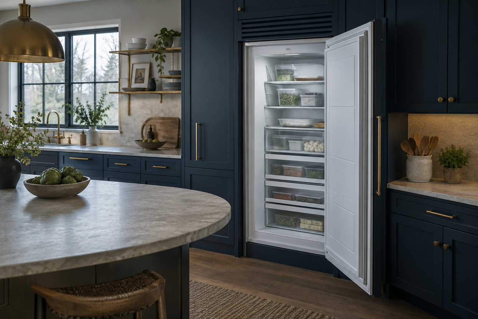 Illustrative Sub-Zero freezer in a residential kitchen — AI image for Sub-Zero Repair New Castle