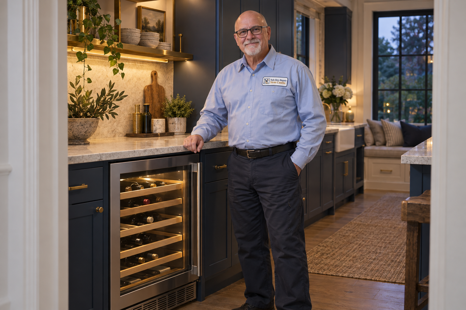 Fictional technician beside a Thermador wine cooler — AI illustration for Sub-Zero Repair New Castle