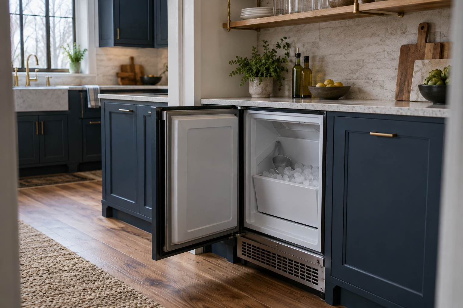 Illustrative Monogram ice maker in a residential kitchen — AI image for Sub-Zero Repair New Castle